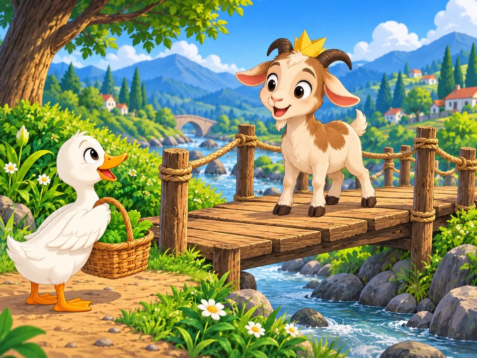 A goat wearing a crown stands on a bridge while a duck waits with a basket.