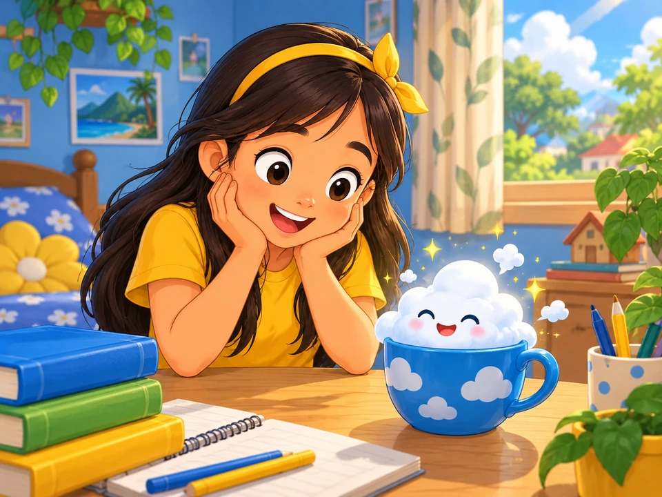A child looks at a small cloud floating above a cup.