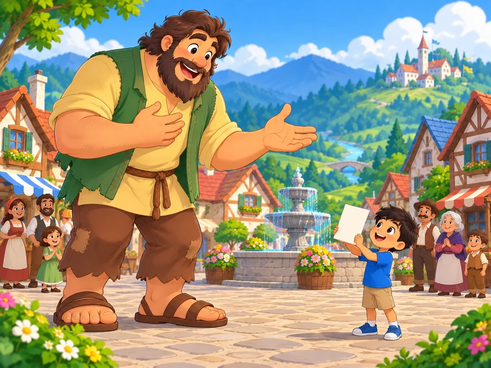 A gentle fictional giant tells a story in a village square while a child holds a blank page.