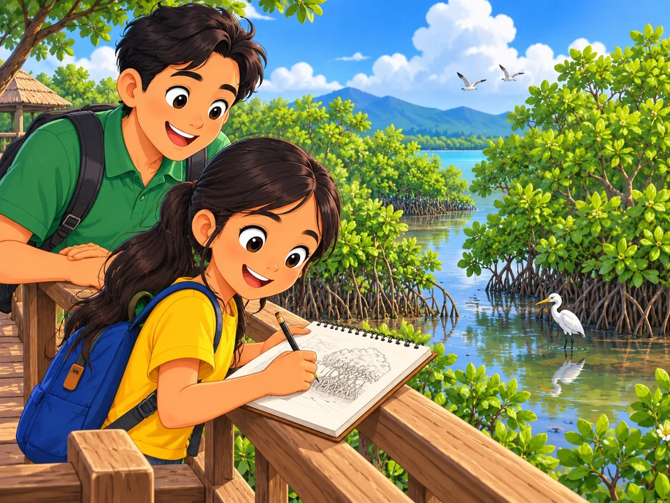 Gumuguhit ang bata ng mga ugat sa tabing-dagat kasama ang isang matanda.