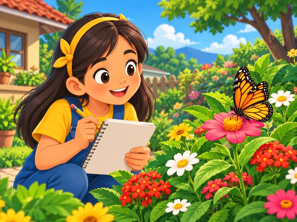 Pinagmamasdan ng bata ang paruparo sa bulaklak sa tabi ng kuwaderno.
