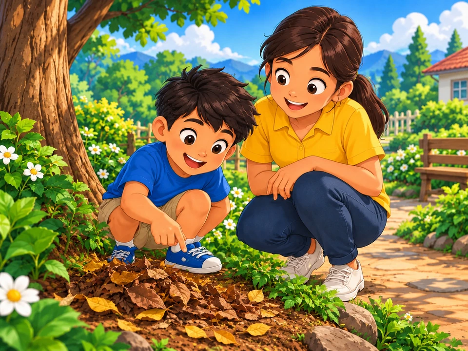 Tinitingnan ng bata at ng matanda ang bunton ng tuyong dahon sa tabi ng daan.