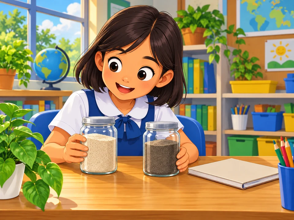 A Filipino pupil looks at two closed jars of differently colored sand in a classroom.