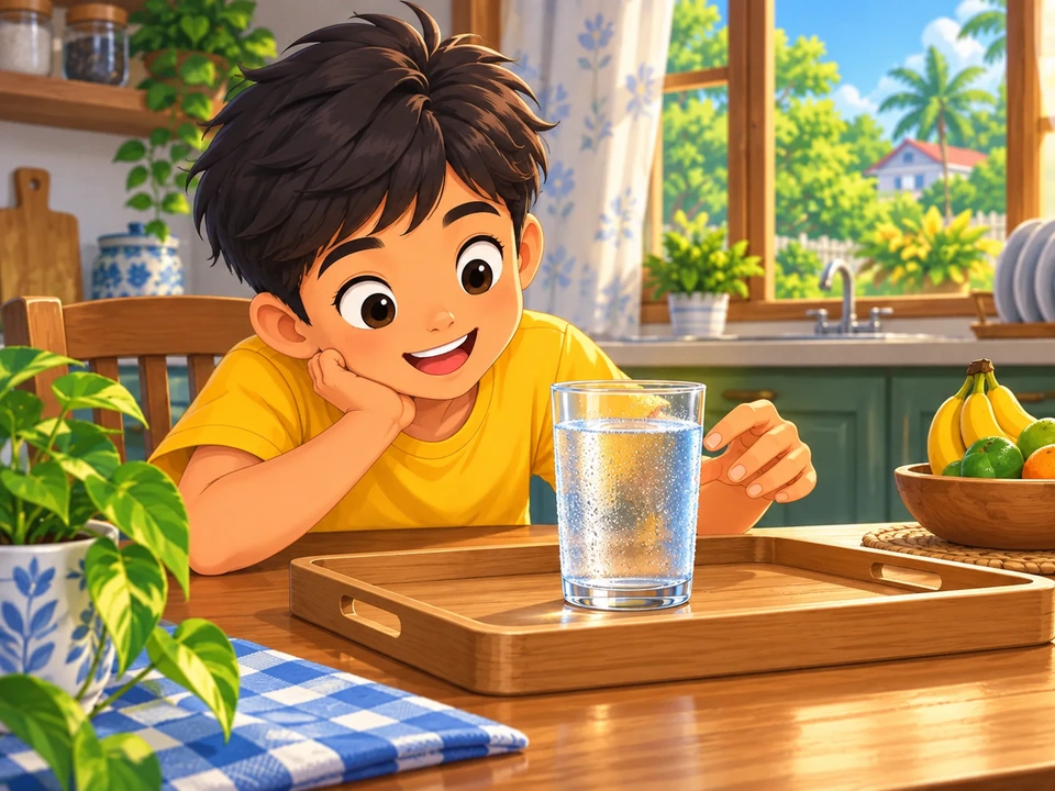 Tinitingnan ng bata ang mga patak sa labas ng malamig na baso sa tray.