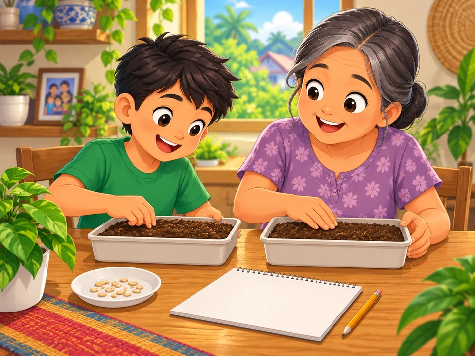 A Filipino pupil and his grandmother prepare two planting containers with unsprouted seeds.