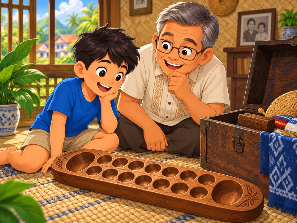 Tinitingnan ng bata at ng matanda ang kahoy na lupon para sa laro.