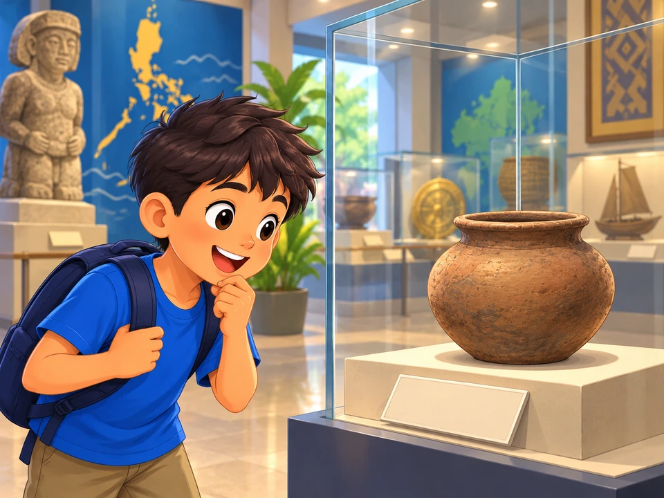 Tinitingnan ng bata ang palayok sa loob ng salaming lalagyan sa museo.