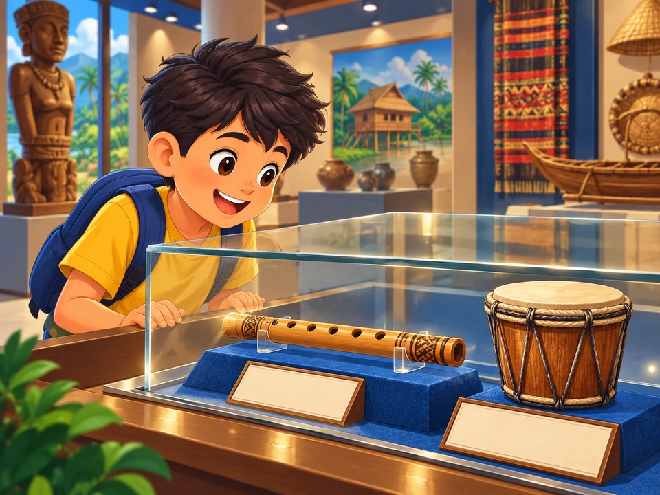 Tinitingnan ng bata ang plawta at tambol sa museo.