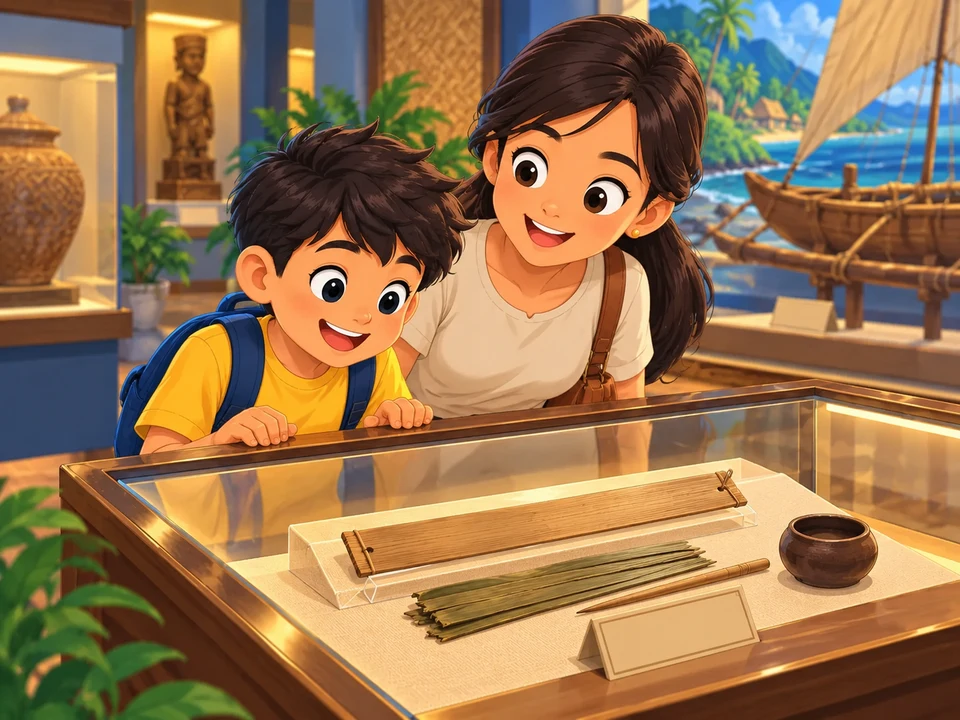 Batang kasama ang nakatatanda na tumitingin sa kawayan at dahon sa salaming lalagyan ng museo.