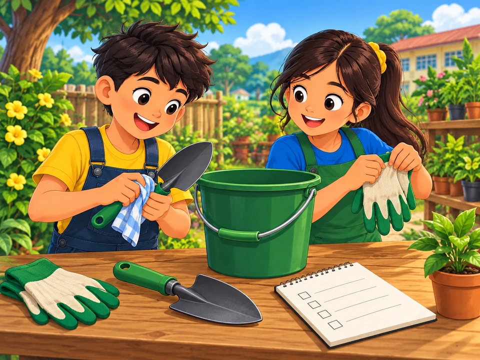 Tinitingnan ng mga bata ang dalawang pala, berdeng timba at talaan.