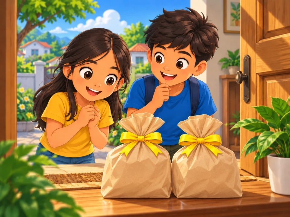 Magkatabi ang dalawang saradong supot na may magkatulad na dilaw na laso.