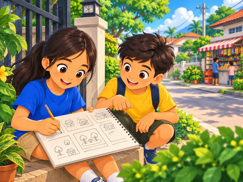 Tinitingnan ng mga bata ang mapa sa tabi ng tarangkahan.