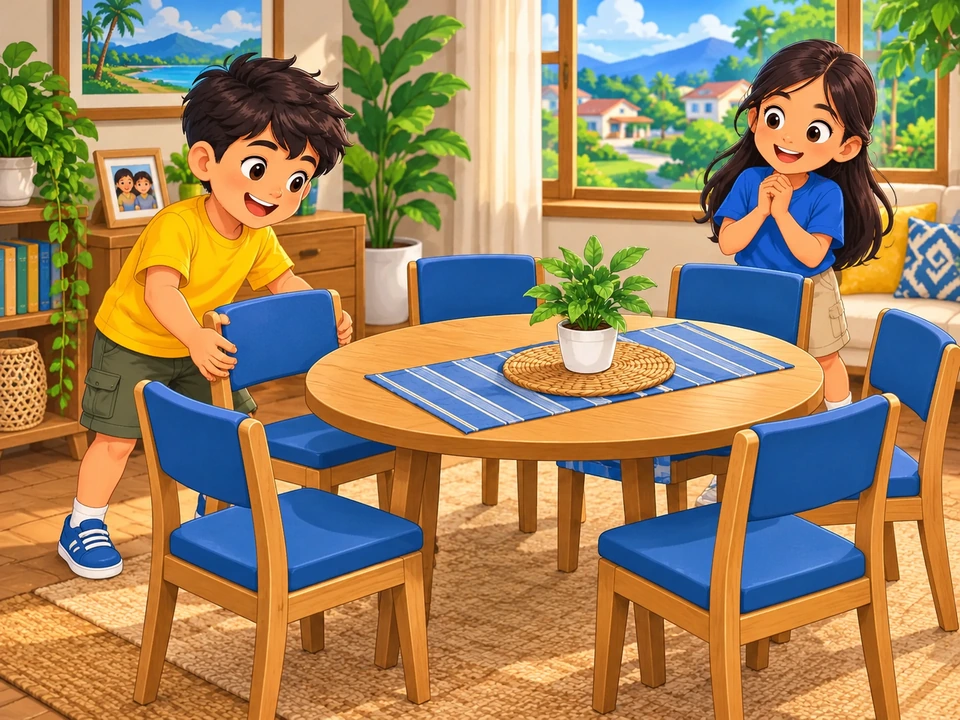 Inaayos ng mga bata ang anim na upuan sa silid.