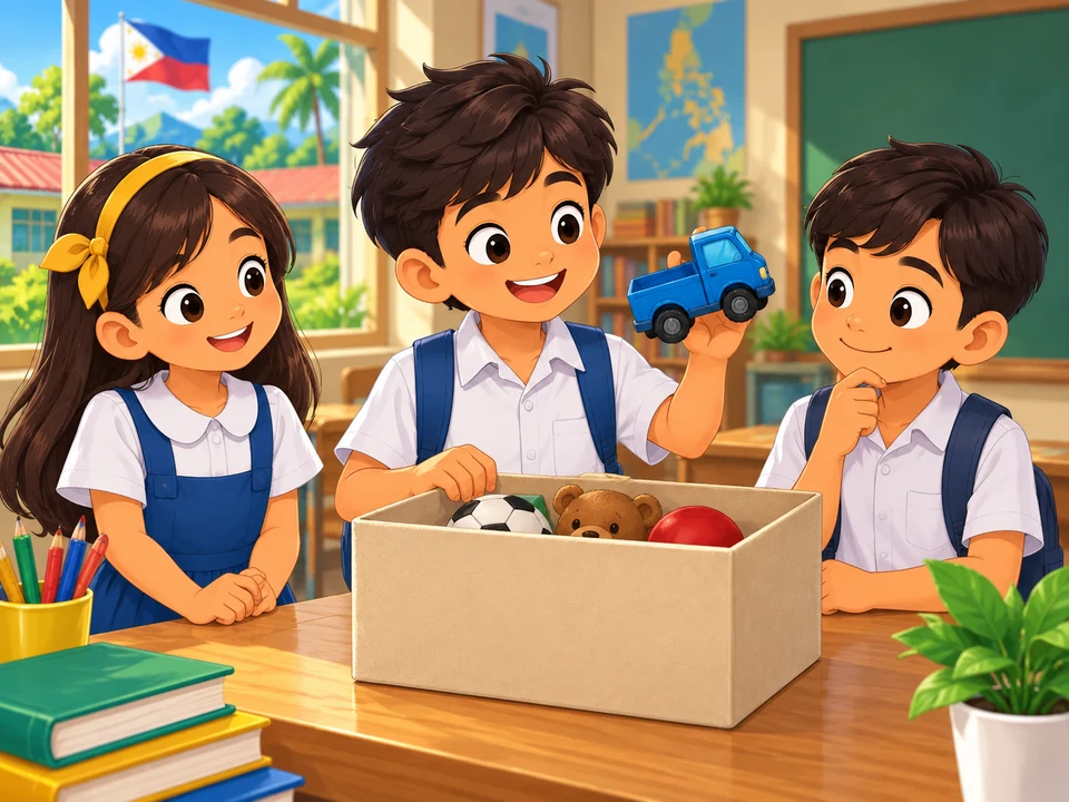 Batang may hawak na asul na laruang trak sa tabi ng kahon ng napulot at dalawang kaklase.
