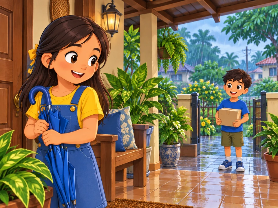 Hawak ni Tala ang payong habang hawak ng kaniyang kaibigan ang kahon sa maulang bakuran.