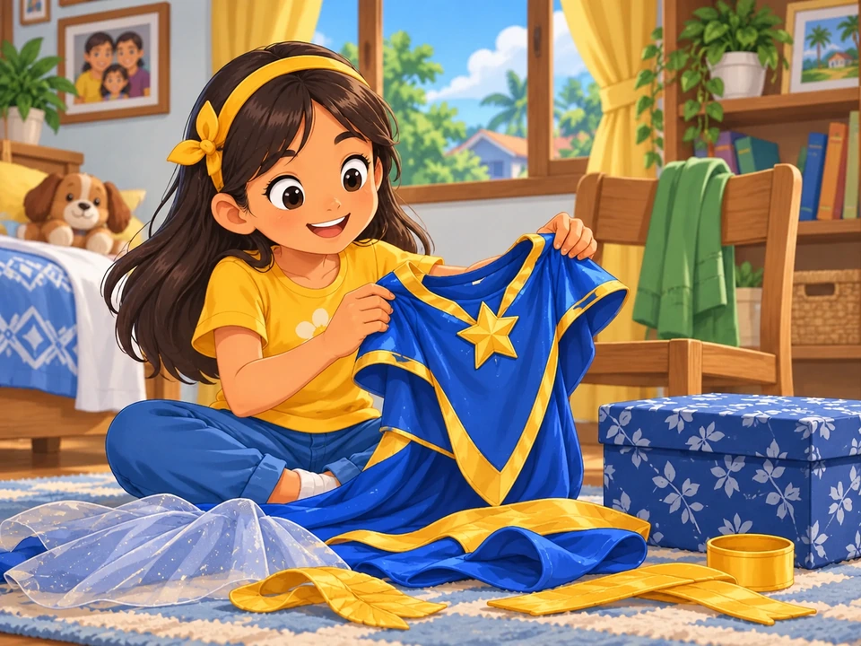 Naghahanda si Iya ng damit sa tabi ng saradong kahon.