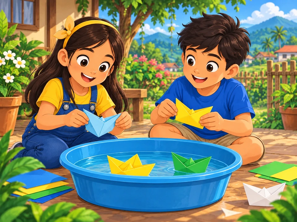 Gumagawa ang magkapatid ng bangkang papel sa tabi ng palanggana.