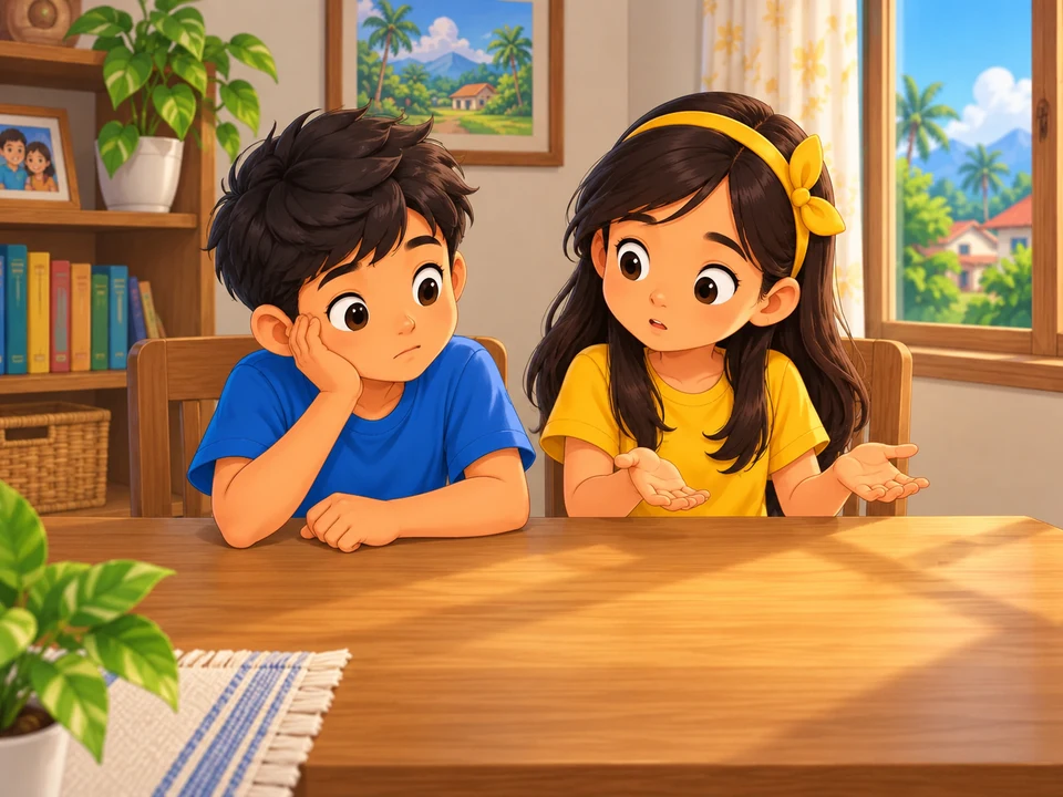 Magkapatid sa mesa sa bahay habang tinitingnan ang lugar ng nawawalang kahon.