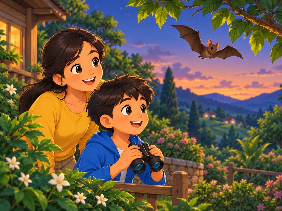 A Filipino boy and adult watch a small bat fly beside a leafy garden branch at dusk.