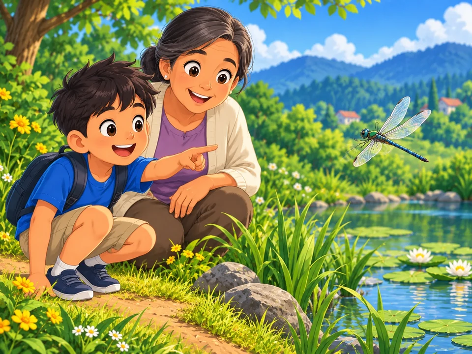 A Filipino boy and grandmother watch an adult dragonfly hovering above a pond from a dry grassy bank.