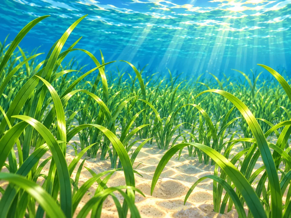 Sunlit slender green seagrass fills clear shallow coastal water above a sandy bottom.
