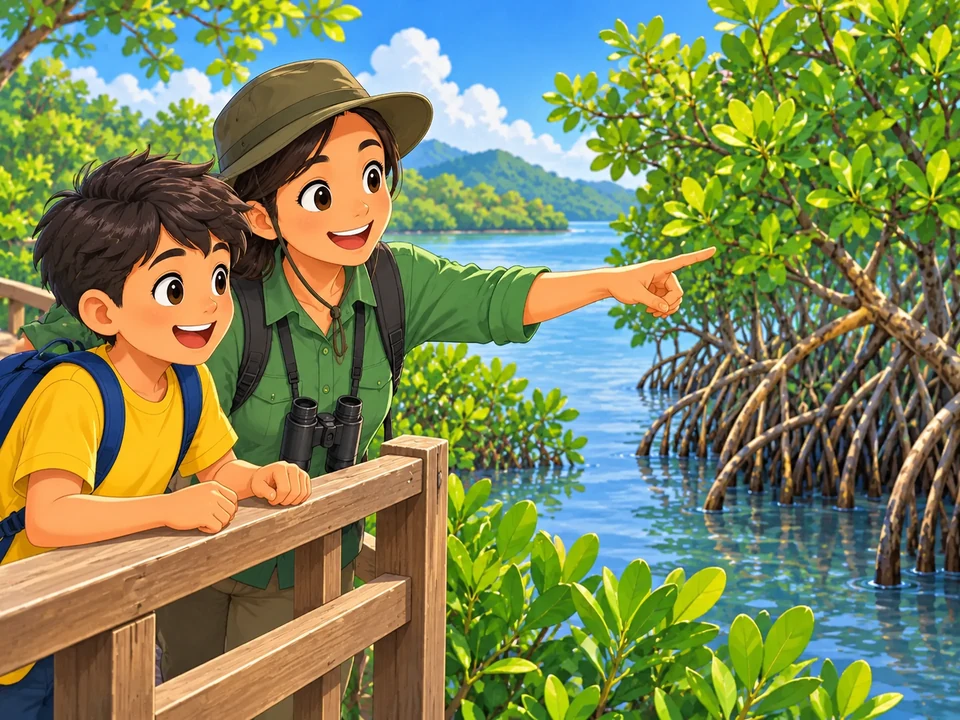 A Filipino boy and adult guide observe mangroves from a raised boardwalk beside calm coastal water.