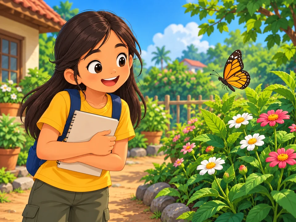 A Filipino girl holding a closed notebook watches a butterfly above a flower garden.