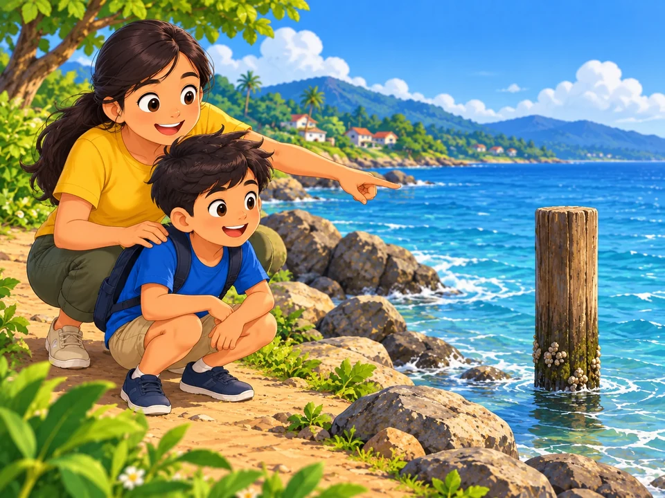 A Filipino child and parent observe one wooden coastal post beside a calm sea from a dry path.