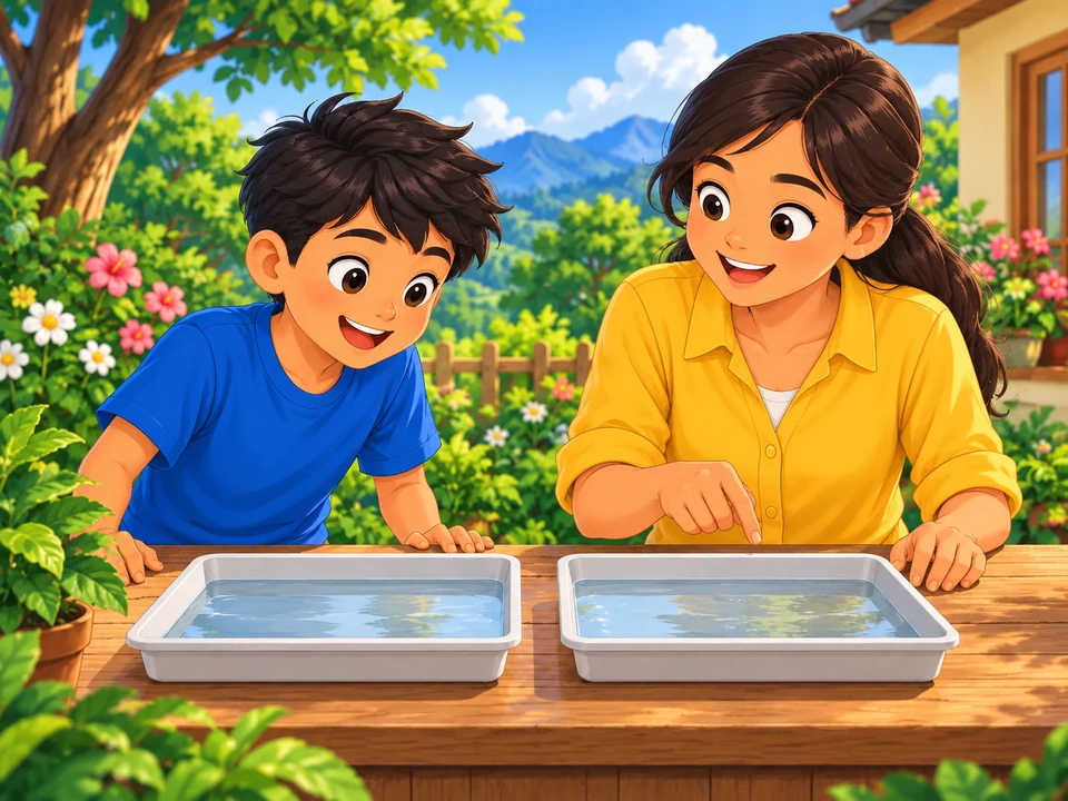 A Filipino child and adult observe two shallow water trays on a garden table.