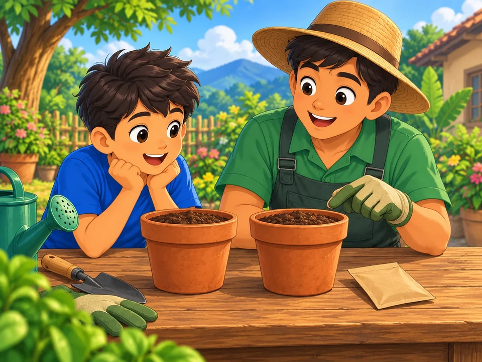 A Filipino child and gardener inspect two pots of soil with a plain seed packet on a table.