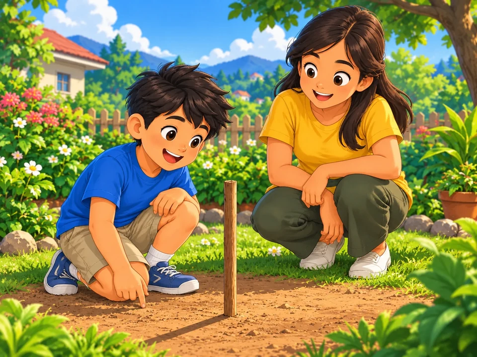 A Filipino child and adult observe one upright stick and its single shadow in a sunny garden.