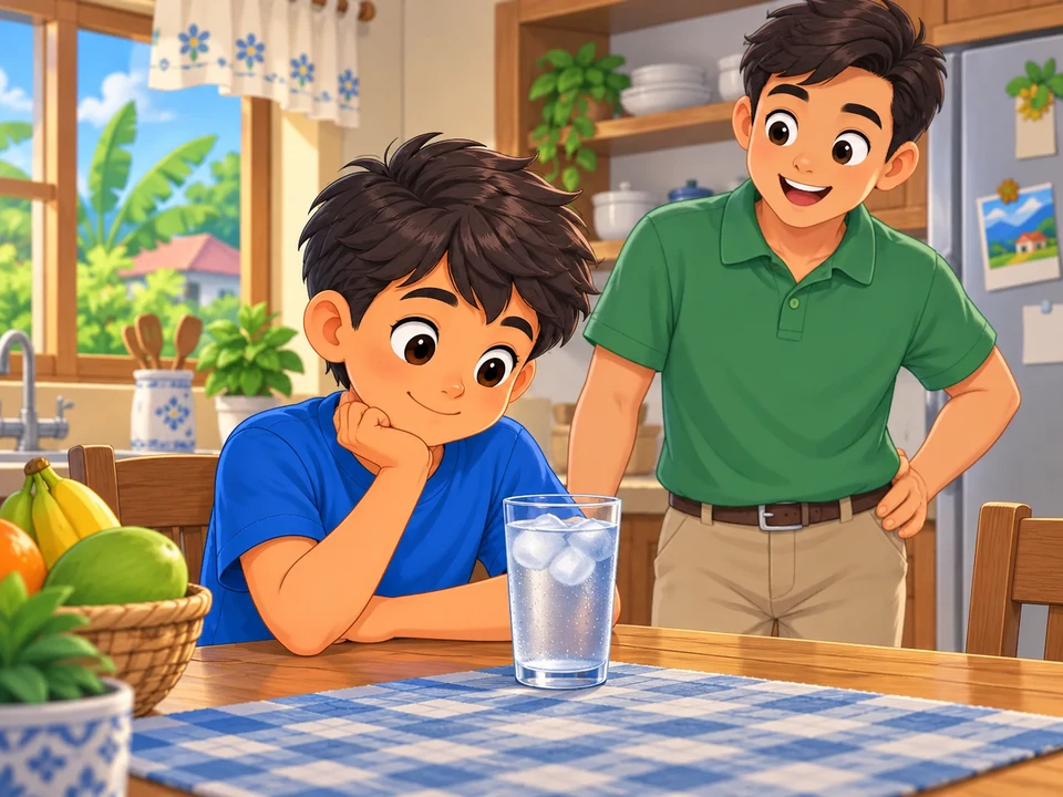 A Filipino boy and his father look at a cold drinking glass with subtle outside droplets.