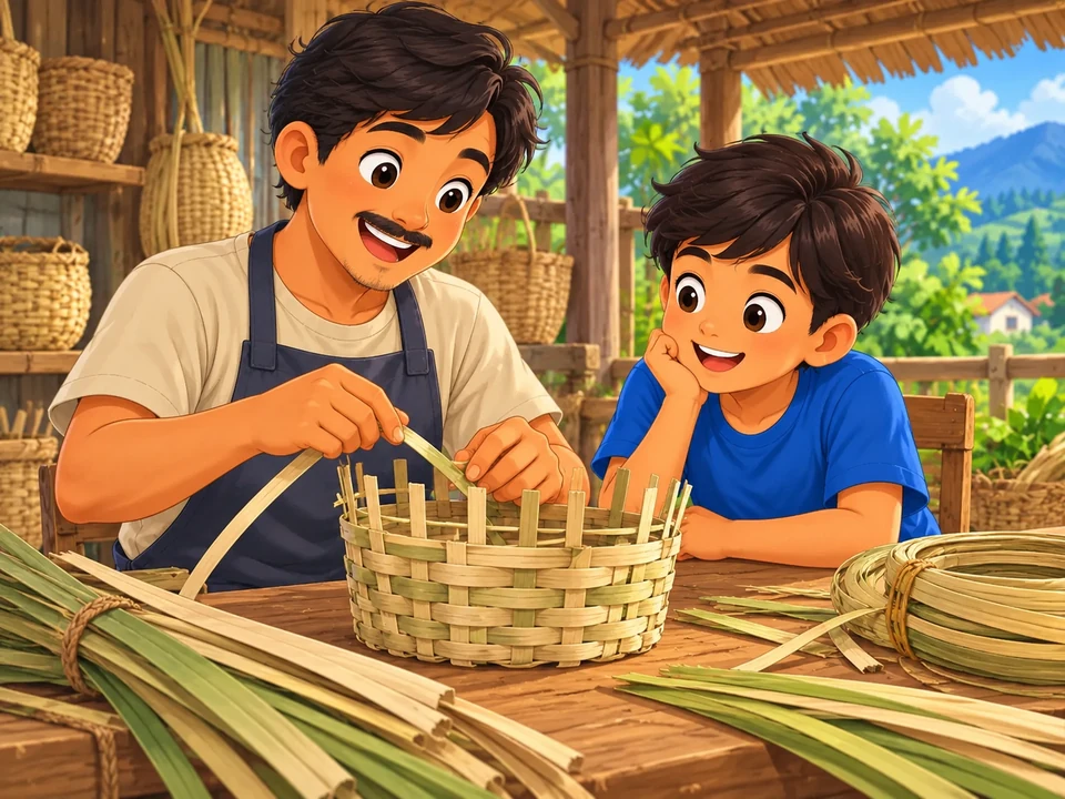 A Filipino basket maker and child sit at a workshop table with a partially woven basket and plant strips.