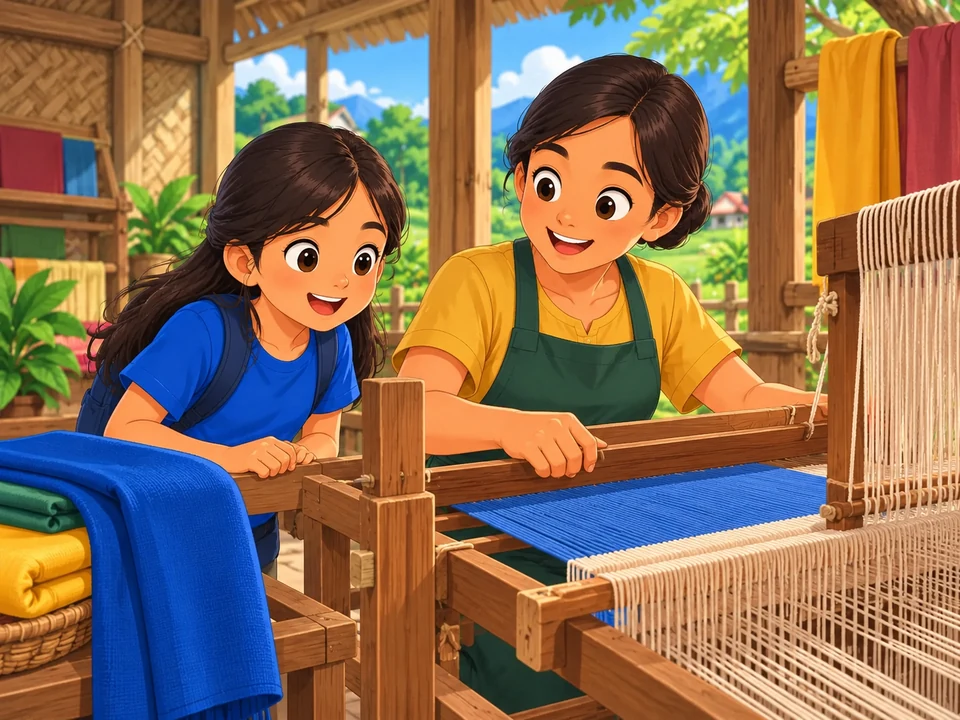 A Filipino child watches an adult textile maker at a plain wooden loom.