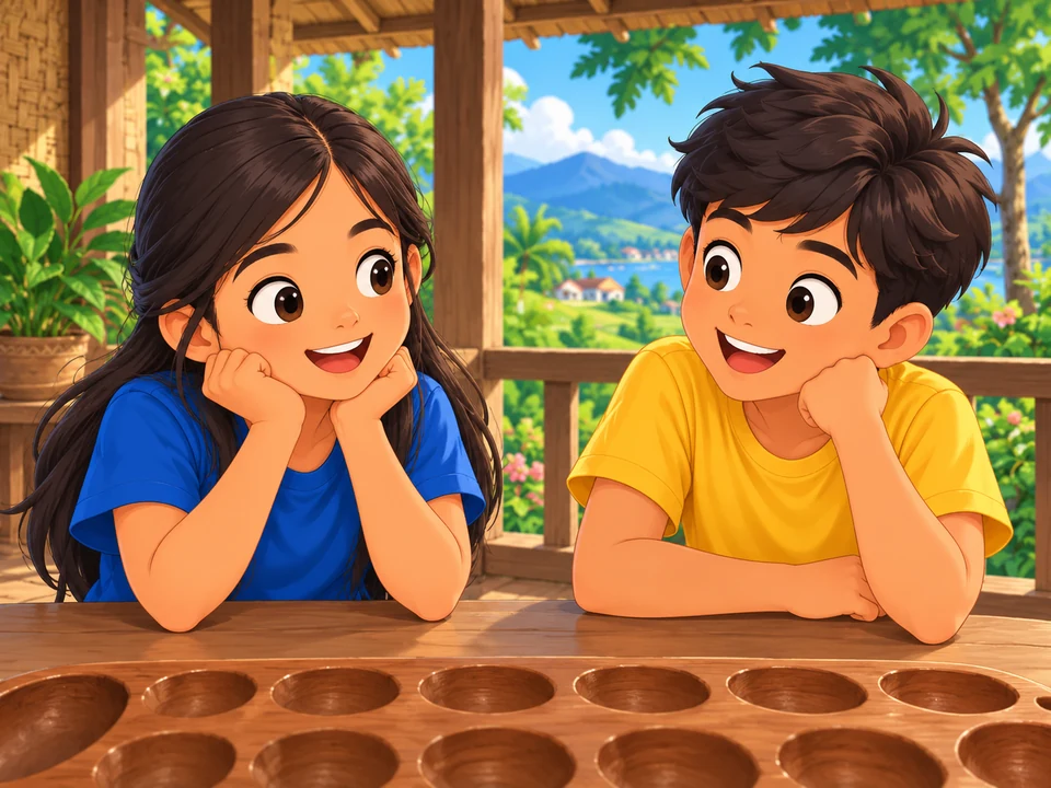 Two Filipino children sit at a veranda table with a cropped part of an empty wooden sungka board in the foreground.