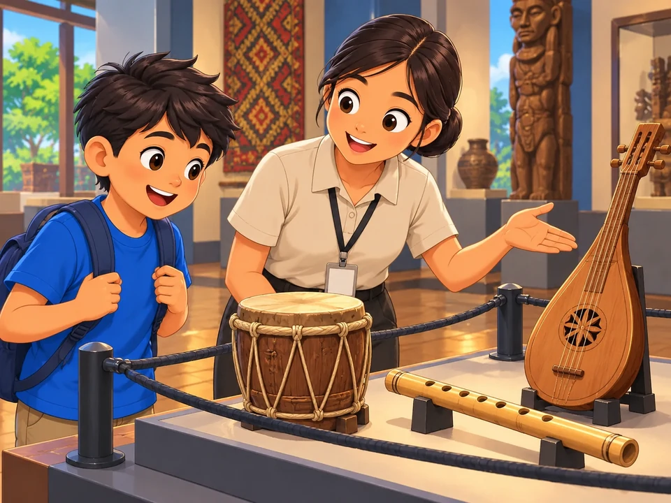 A Filipino child and museum guide view a wooden drum, bamboo flute and stringed lute behind a low barrier.