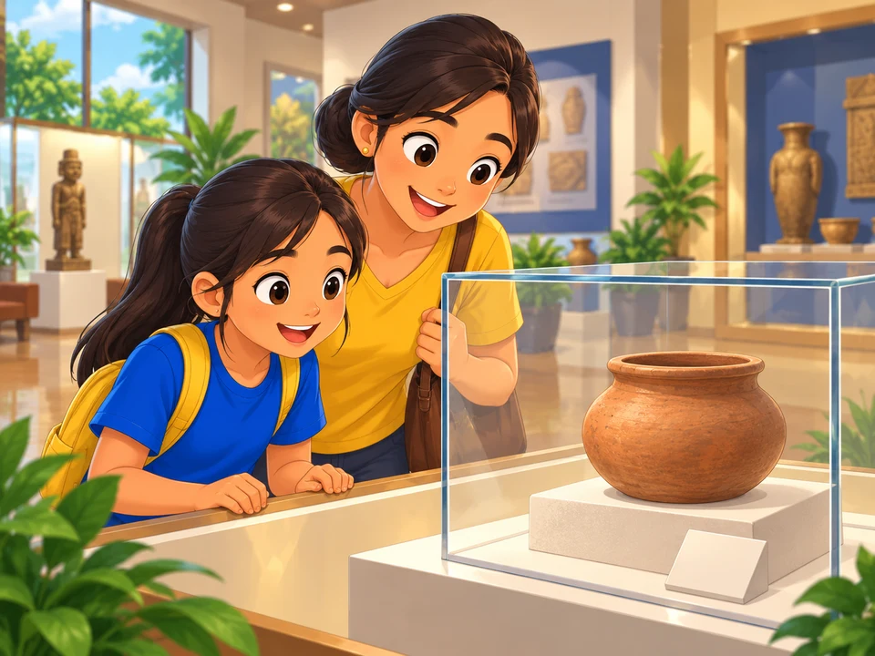 A Filipino girl and her mother look at a plain clay cooking pot behind museum glass.