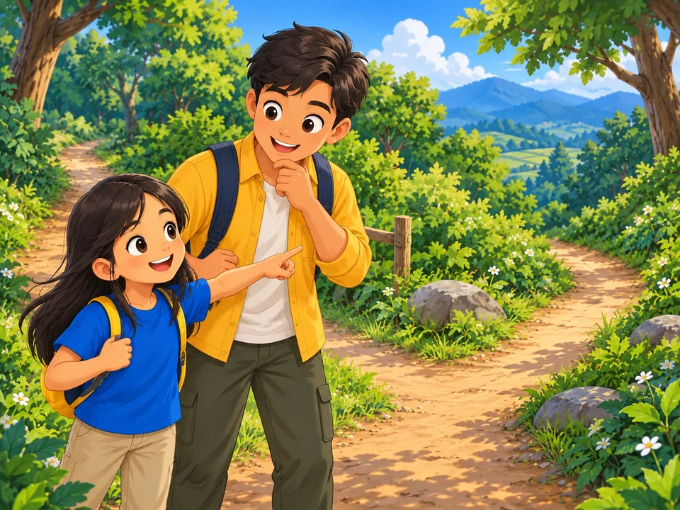 A Filipino child and adult pause at two leafy footpaths in a quiet garden setting.