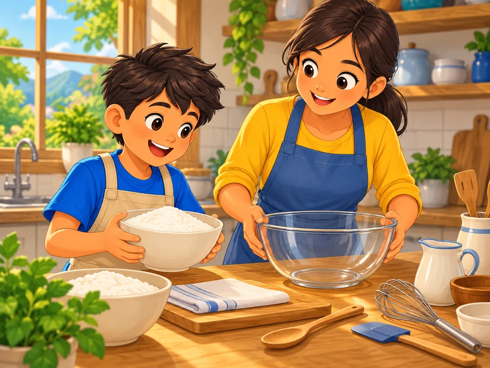 A Filipino child and adult baker prepare flour bowls and mixing tools in a bright kitchen.