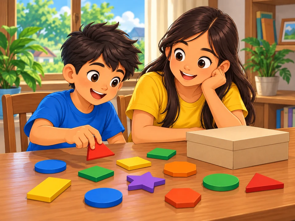 A Filipino child and older sibling examine loose colorful puzzle shapes scattered on a table beside a closed box.