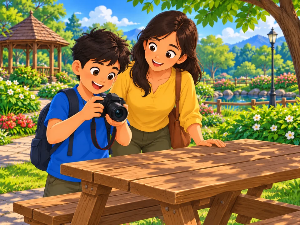 A Filipino child holds a plain black camera beside an empty picnic table with an adult nearby.