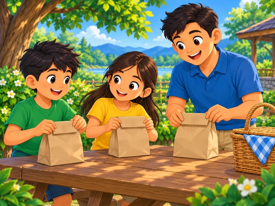 Two Filipino children and their father prepare closed picnic bags beside a basket outdoors.