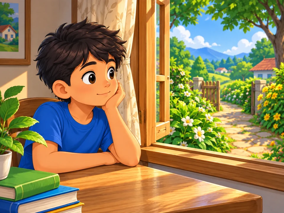 A Filipino child sits beside a home window looking toward an empty garden path.