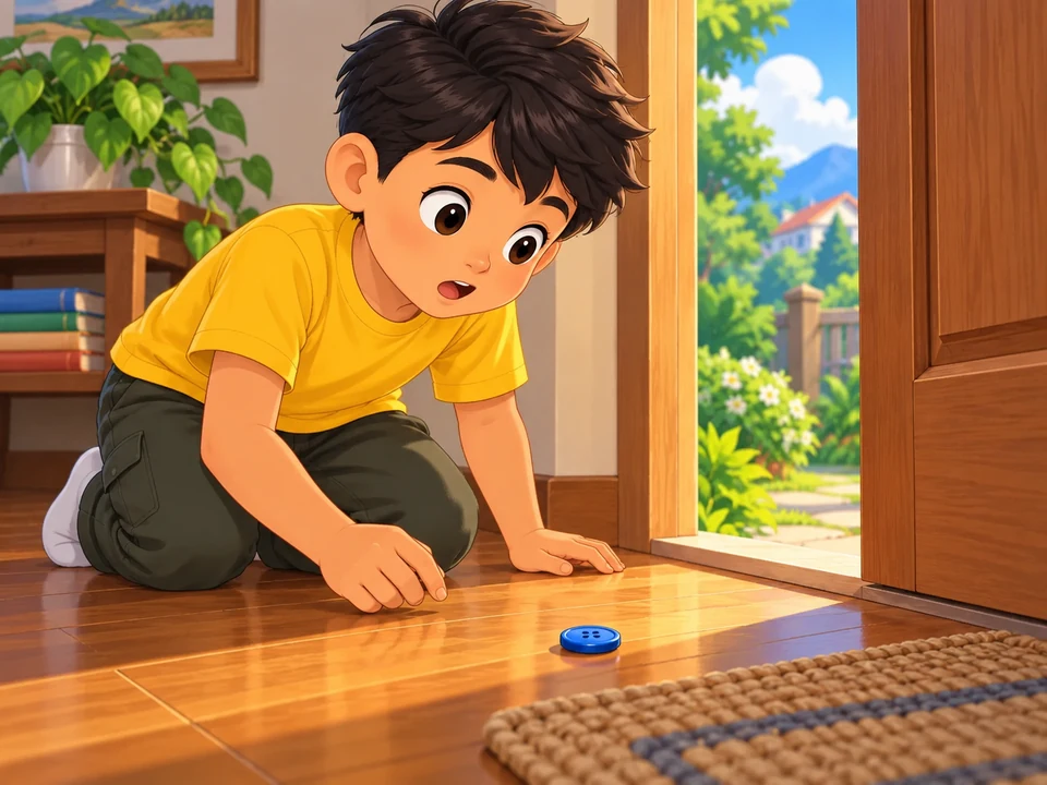A Filipino child kneels near one blue button beside an open home doorway.