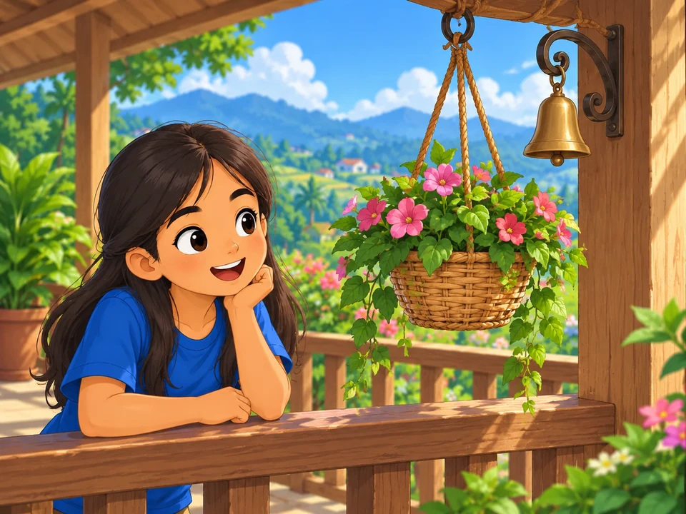 A Filipino child watches an intact hanging flower basket beside an unstruck bell on a veranda.
