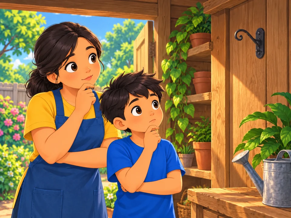A Filipino caretaker and child look thoughtfully at an empty lantern hook in a garden shed.