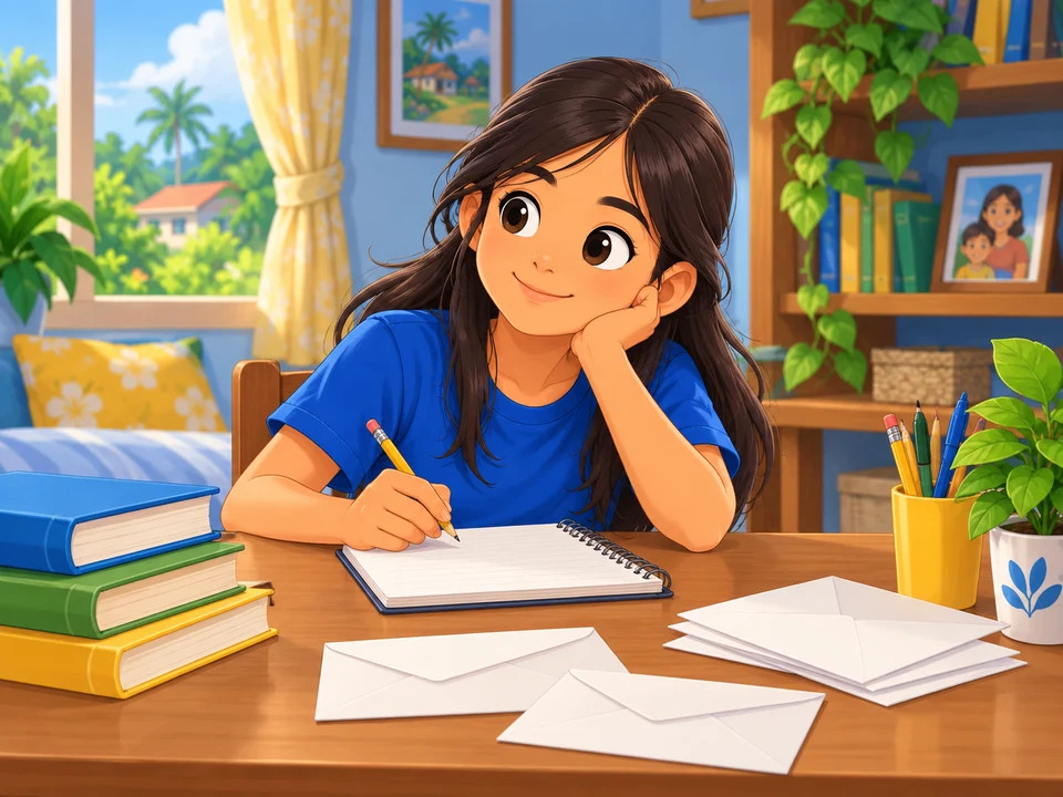 A child sits thoughtfully at a desk with blank envelopes and writing materials.
