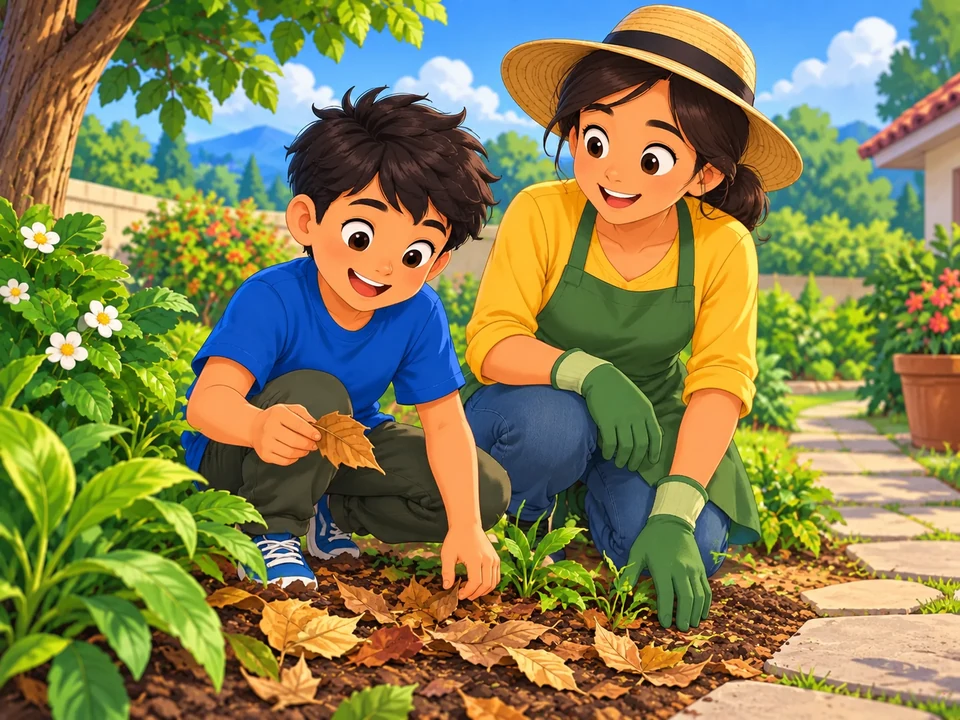 A Filipino child and adult gardener examine fallen dry leaves beside a planted corner and clear path.