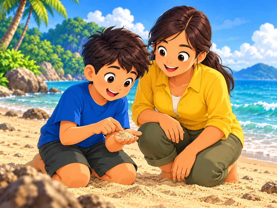 A Filipino child and adult examine a handful of sand on a sunny beach.