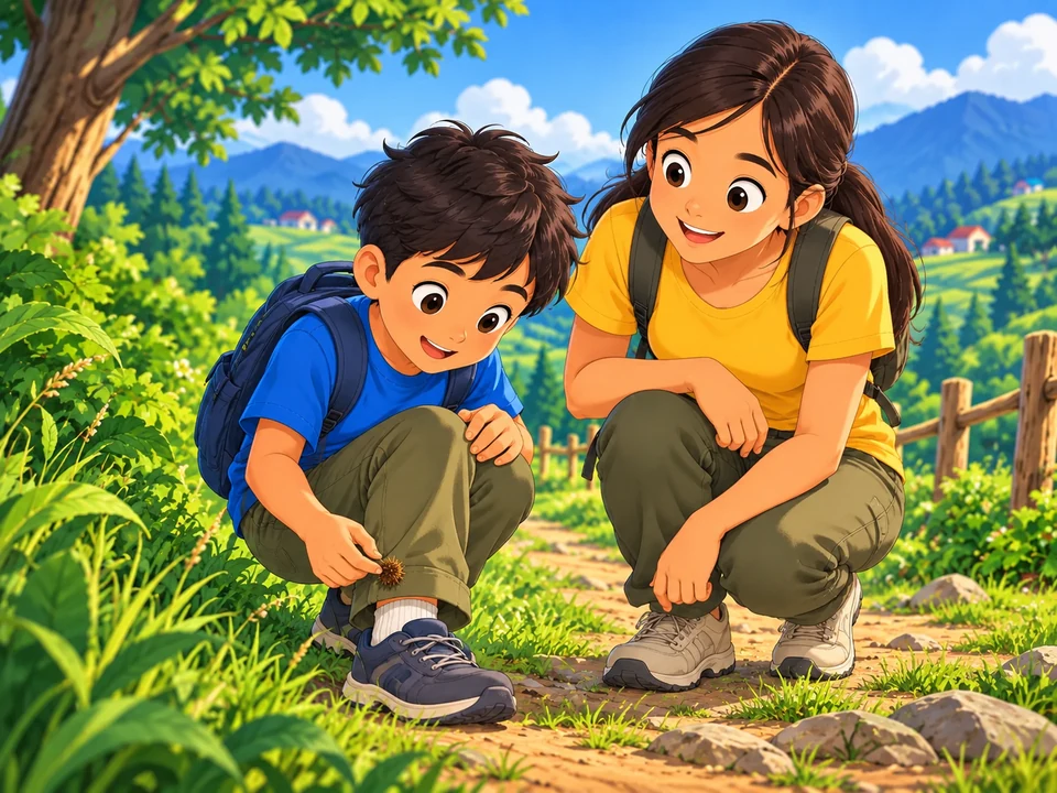 A Filipino child and adult notice a burr caught on the child’s trouser cuff beside a grassy path.